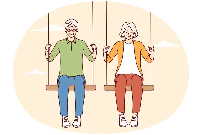 Energetic old couple sit on swings  Illustration