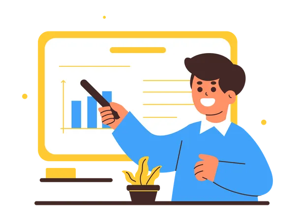 Colorful Illustration Of A Male Teacher Energetically Presenting Data On A Screen Using A Pointer To Highlight Important Statistics Illustration