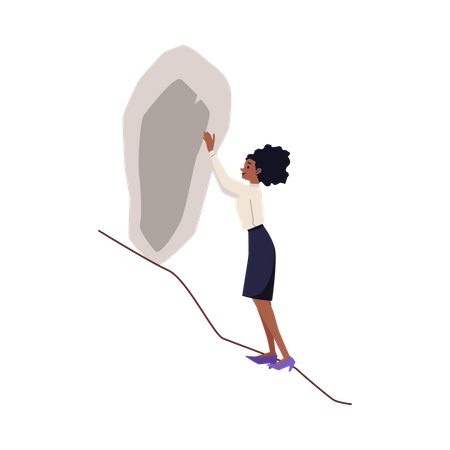 Energetic woman pushes a stone boulder  Illustration