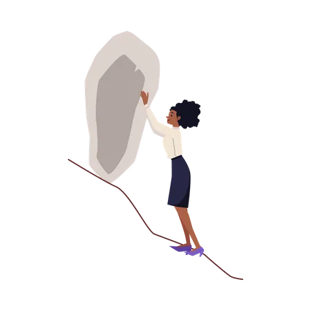 Energetic woman pushes a stone boulder  Illustration