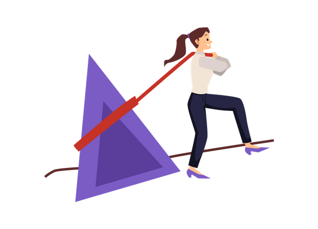 Energetic woman pushes purple triangular stone boulder  Illustration