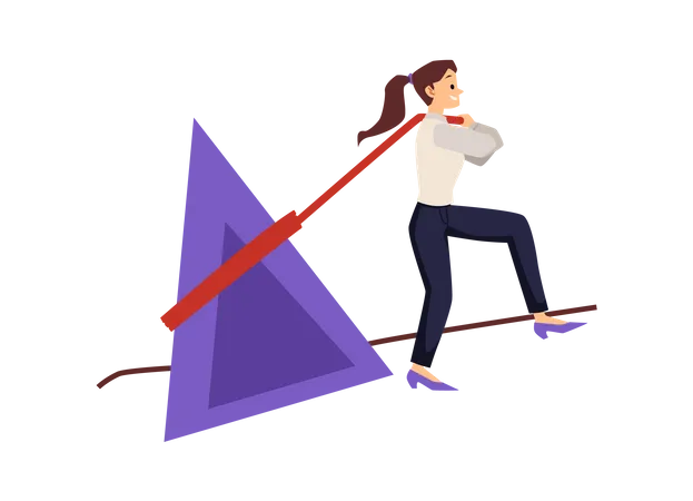 Energetic woman pushes purple triangular stone boulder  Illustration