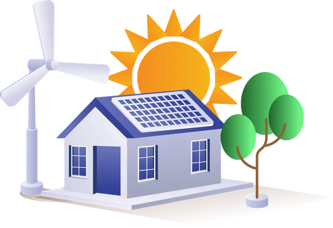 Energía eléctrica doméstica ecológica procedente del sol.  Ilustración