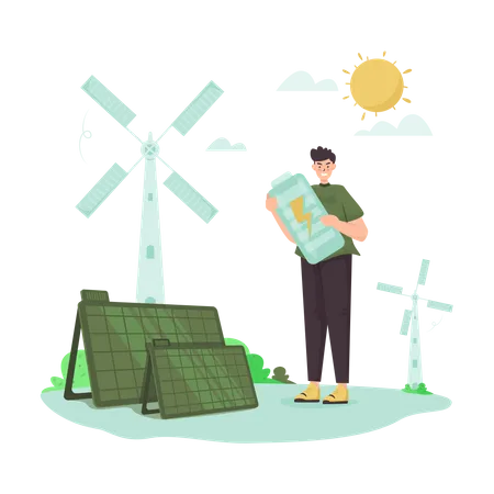 Ilustracao De Um Homem Usando Energia Solar Ecologicamente Correta Ilustração