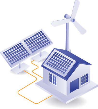 Energia solar e energia eólica são usadas em casas  Ilustração