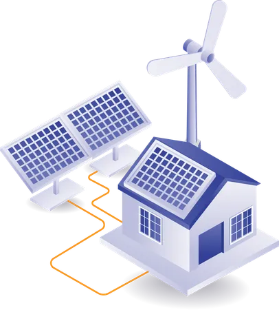 Energia solar e energia eólica são usadas em casas  Ilustração