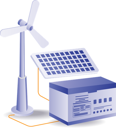 Energia solar e eólica é armazenada em gerador  Ilustração