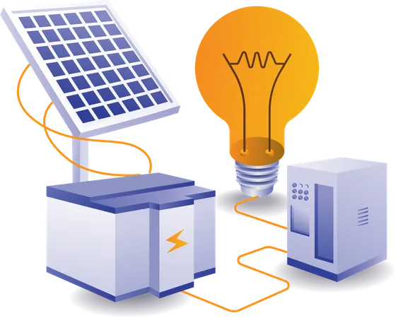 Energia solar usada em lâmpadas e servidor  Ilustração