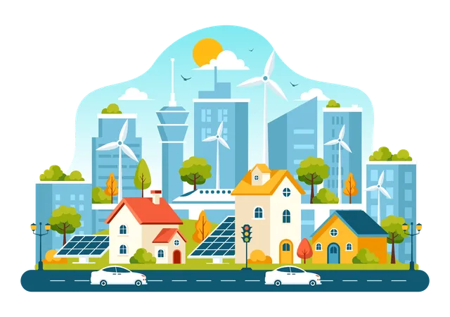 Energia sustentável usada em cidades urbanas  Ilustração