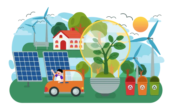 As Criancas Plantando Arvores E Usando Energia Renovavel Da Natureza Com Energia Solar De Painel Solar E Turbina Eolica Conceito Feliz Do Dia Da Terra Ilustracao Vetorial Ilustração
