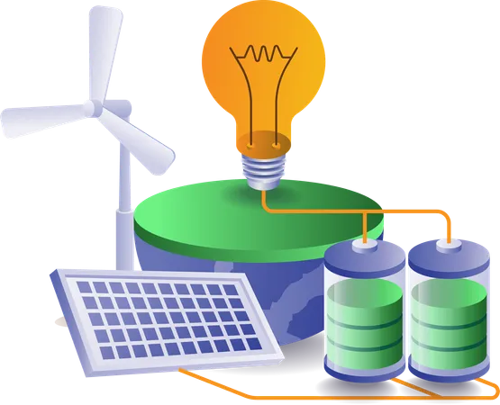 Energia verde é usada em baterias e ventiladores  Ilustração