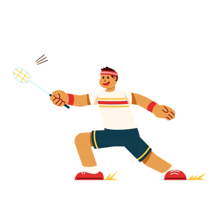 Energic badminton player hitting shuttlecock  イラスト