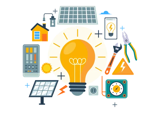 Lighting And Electricity Vector Illustration With Lamp And Energy Maintenance Service Panel Cabinet Of Technician Electrical Work On Flat Background Illustration