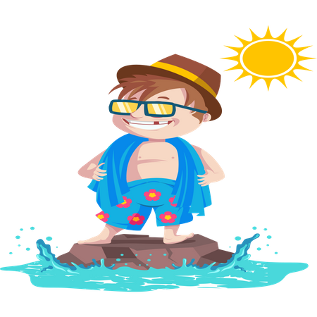 Cool kid debout sur le rocher de l'eau en été et portant des lunettes et un chapeau  Illustration