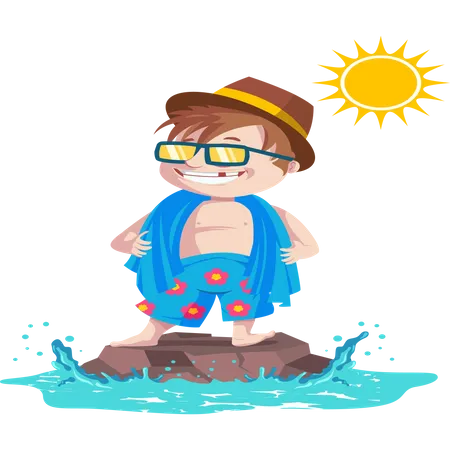 Cool kid debout sur le rocher de l'eau en été et portant des lunettes et un chapeau  Illustration