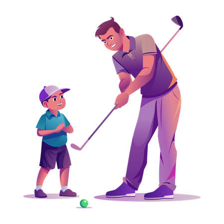 Un enfant apprend le golf avec son père  Illustration