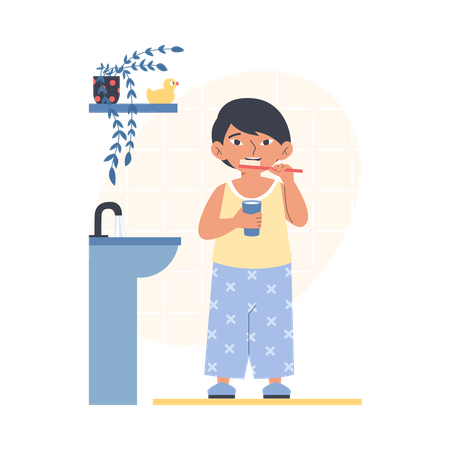Un enfant se brosse les dents avec du dentifrice  Illustration
