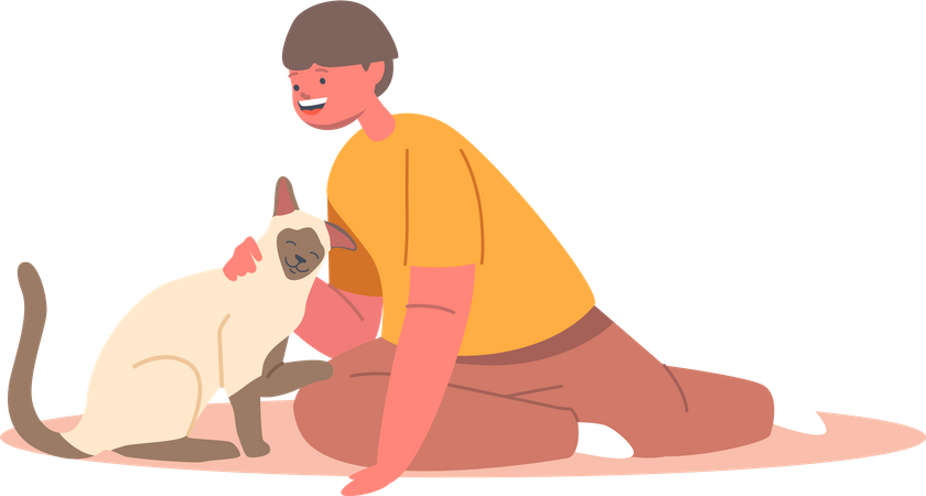 Enfant câlin et caresse chat,  Illustration