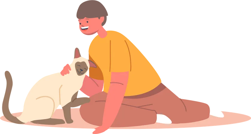Enfant câlin et caresse chat,  Illustration