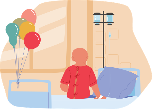 Un petit enfant atteint d'un cancer assis dans une salle d'hôpital décorée de ballons d'anniversaire  Illustration