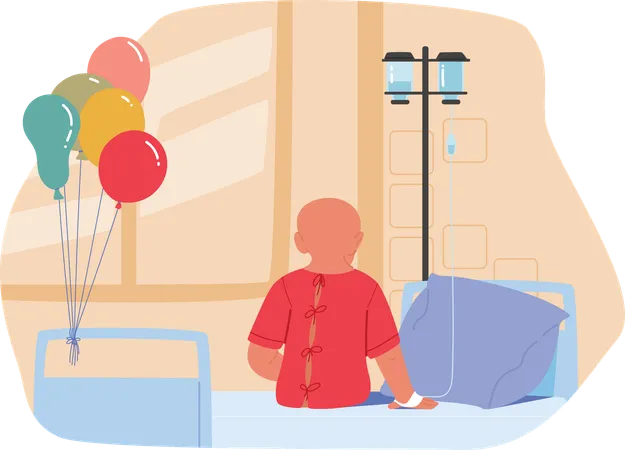 Un petit enfant atteint d'un cancer assis dans une salle d'hôpital décorée de ballons d'anniversaire  Illustration