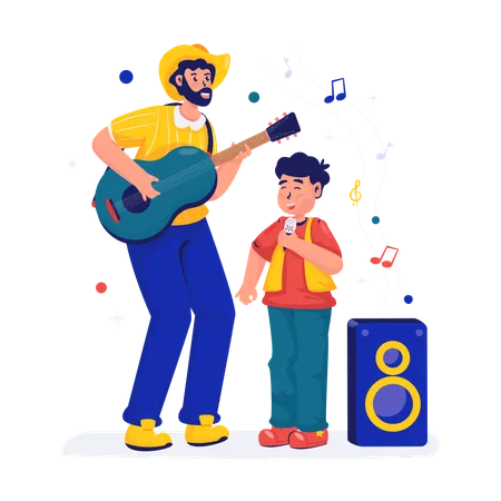 Enfant chanteur avec un homme jouant de la guitare  Illustration