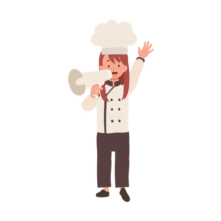 Enfant cuisinier en uniforme de chef faisant une annonce avec mégaphone  Illustration