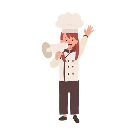 Enfant cuisinier en uniforme de chef faisant une annonce avec mégaphone  Illustration