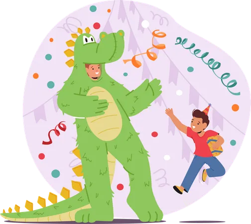 Un enfant danse joyeusement dans un crocodile  Illustration