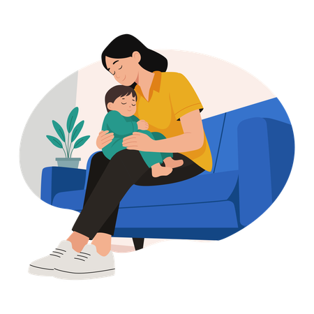Enfant endormi sur les genoux de sa mère Illustration
