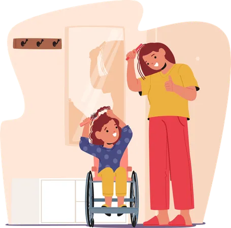 Un enfant en fauteuil roulant se brosse les cheveux avec l'aide de ses parents  Illustration