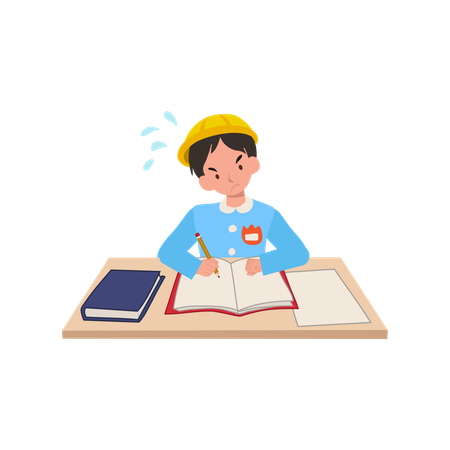 Enfant en uniforme de maternelle profondément concentré sur ses devoirs  Illustration