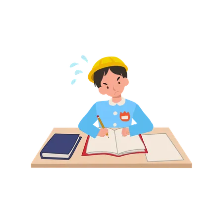 Enfant en uniforme de maternelle profondément concentré sur ses devoirs  Illustration