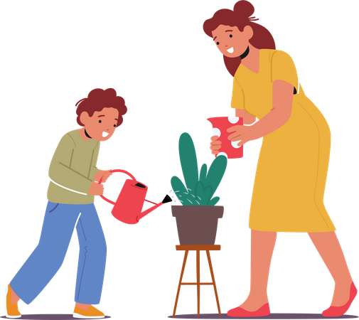 Enfant et mère arrosant une plante d'intérieur  Illustration