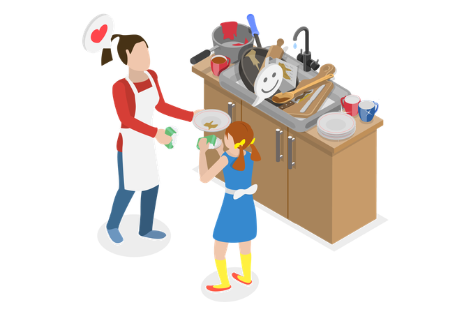 Enfant et mère lavant la vaisselle  Illustration