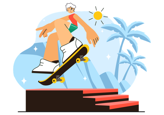 Un enfant fait des figures de skateboard en été  Illustration
