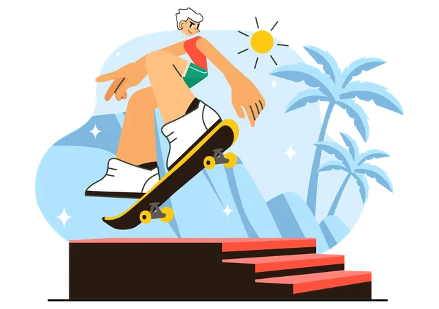 Un enfant fait des figures de skateboard en été  Illustration
