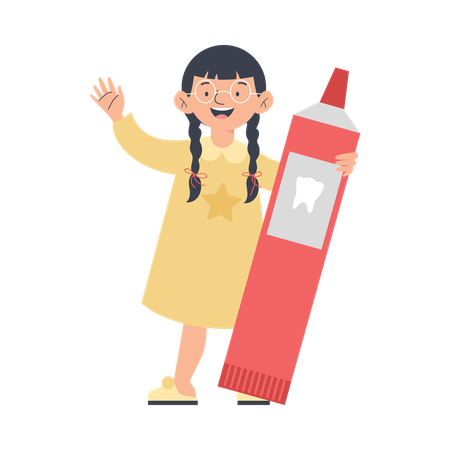 Une petite fille tenant un énorme tube de dentifrice  Illustration