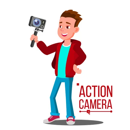 Enfant garçon avec vecteur de caméra d'action  Illustration