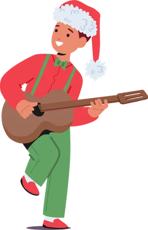 Un enfant garçon dans un costume de Noël festif gratte une guitare avec joie  Illustration