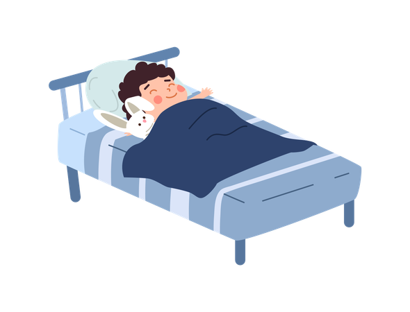 Un garçon souriant et heureux dort dans une position confortable  Illustration