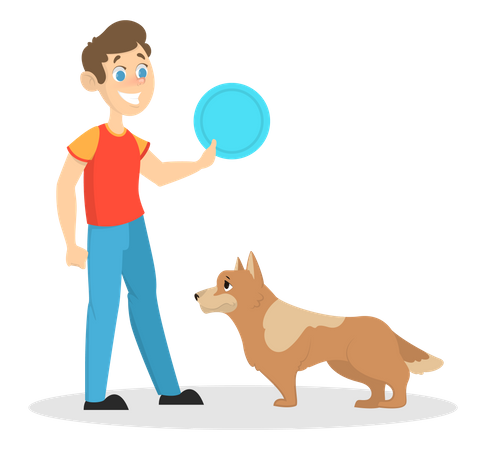 Un enfant garçon joue avec un chien  Illustration