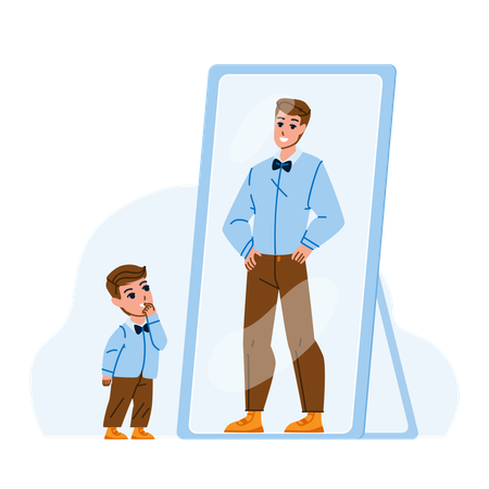 Kid Boy rêvant d'être un homme adulte dans le miroir  Illustration