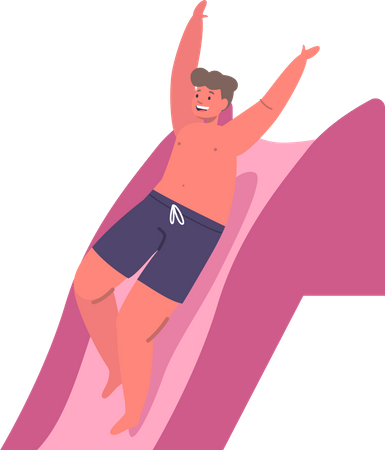 Enfant glissant sur un toboggan aquatique dans la piscine  Illustration