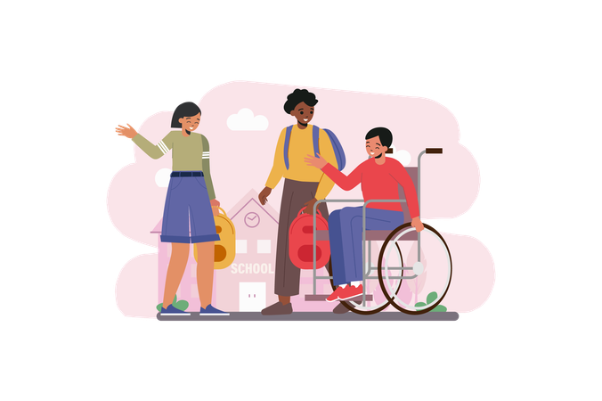 Enfant handicapé avec des amis d'école  Illustration