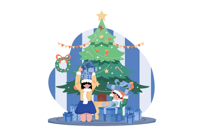 Enfant heureux avec des cadeaux de Noël  Illustration