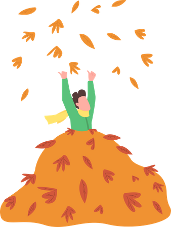 Enfant heureux dans un tas de feuilles  Illustration
