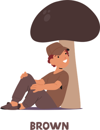 Un enfant heureux en tenue marron est assis confortablement sous un grand champignon avec le sourire et une expression joyeuse  Illustration