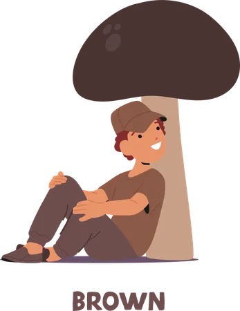 Un enfant heureux en tenue marron est assis confortablement sous un grand champignon avec le sourire et une expression joyeuse  Illustration