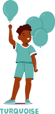 Un enfant heureux en tenue turquoise tient des ballons avec un sourire espiègle représentant la joie et l'innocence  Illustration